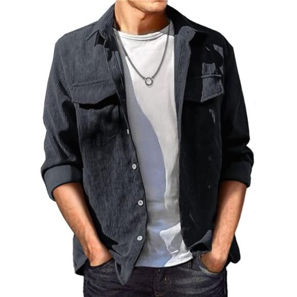 Men's Button Down Shirts with Flap Pockets Black1